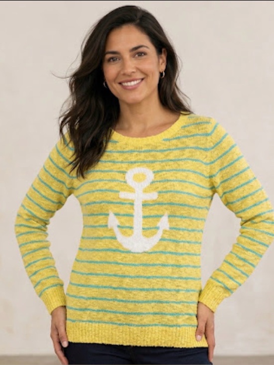 Belle by Kim Gravel Sweaters - Belle by Kim Gravel, Yacht Striped Slub Sweater Anchor Lemon, Size S A721080